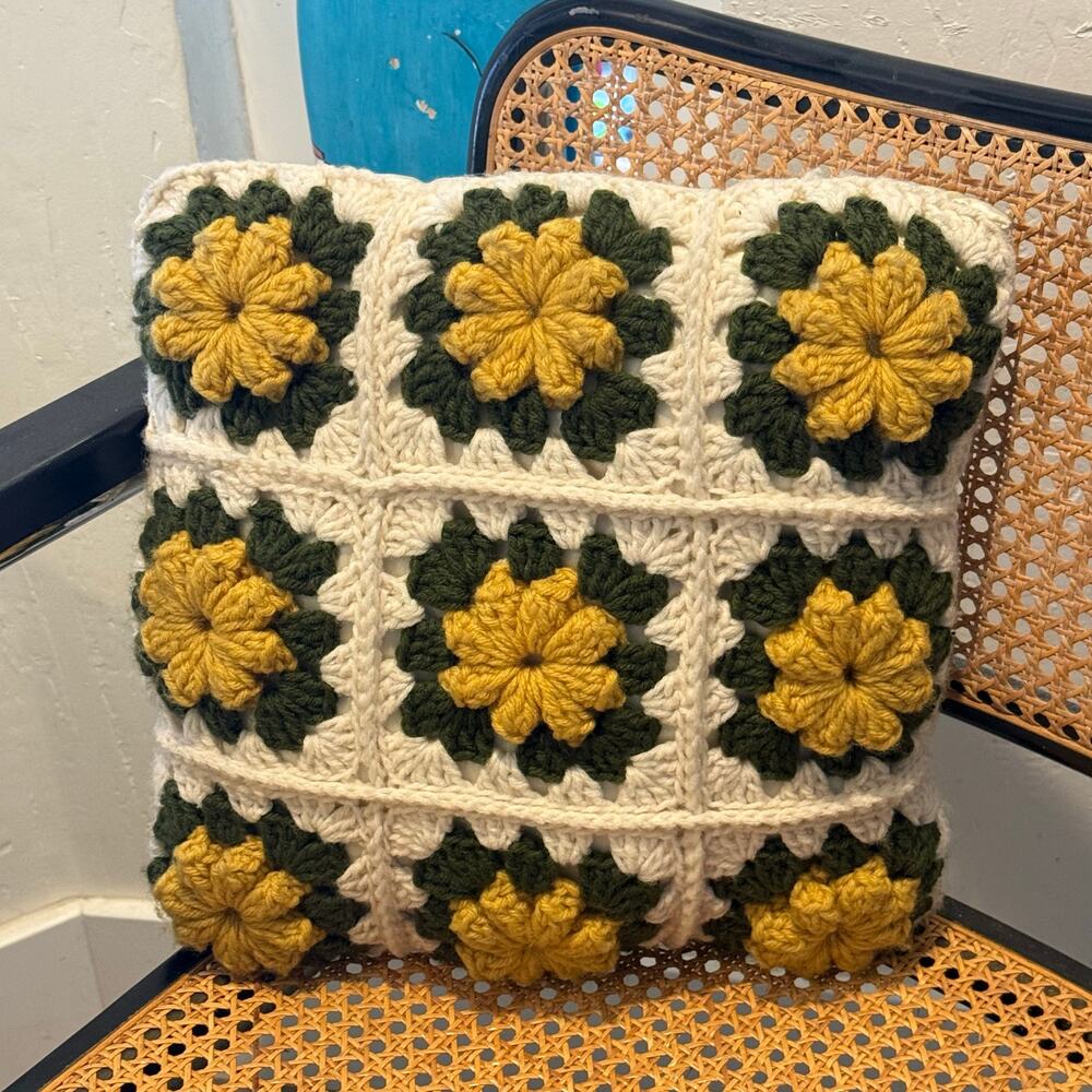Vintage 1970s handmade Crocheted Granny Square pillows 16x 16 inches